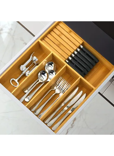 Retractable Kitchen Drawer Organizer with Knife Block, Bamboo Utensil Holder Storage Box