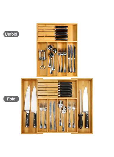 Retractable Kitchen Drawer Organizer with Knife Block, Bamboo Utensil Holder Storage Box