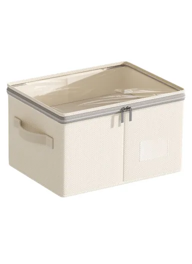 Cotton Linen Foldable Storage Box with Transparent Top for Bedroom, Clothes Organizer Container (L30 x W20 x H15)cm - S