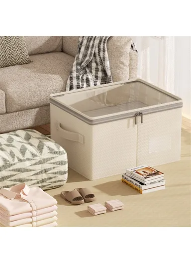 Cotton Linen Foldable Storage Box with Transparent Top for Bedroom, Clothes Organizer Container (L30 x W20 x H15)cm - S