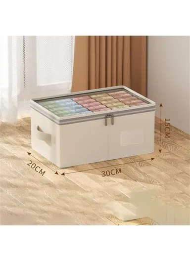 Cotton Linen Foldable Storage Box with Transparent Top for Bedroom, Clothes Organizer Container (L30 x W20 x H15)cm - S