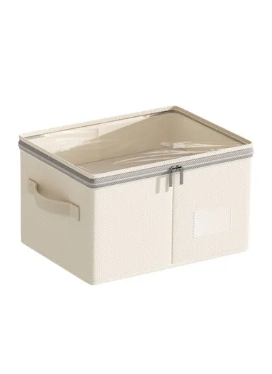 Cotton Linen Foldable Storage Box with Transparent Top for Bedroom, Clothes Organizer Container (L40 x W30 x H20)cm - M