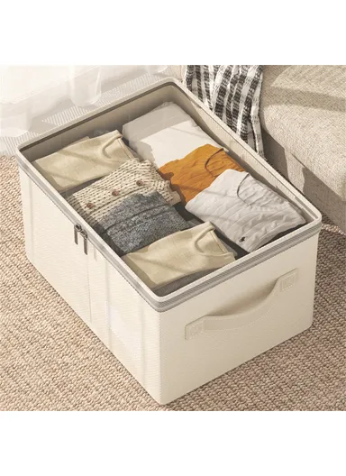 Cotton Linen Foldable Storage Box with Transparent Top for Bedroom, Clothes Organizer Container (L40 x W30 x H20)cm - M