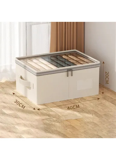 Cotton Linen Foldable Storage Box with Transparent Top for Bedroom, Clothes Organizer Container (L40 x W30 x H20)cm - M