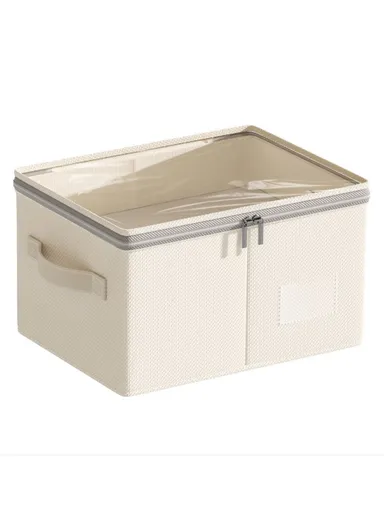 Cotton Linen Foldable Storage Box with Transparent Top for Bedroom, Clothes Organizer Container (L45 x W35 x H25)cm - L