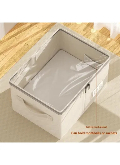 Cotton Linen Foldable Storage Box with Transparent Top for Bedroom, Clothes Organizer Container (L45 x W35 x H25)cm - L