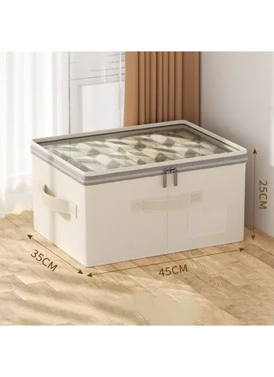 Cotton Linen Foldable Storage Box with Transparent Top for Bedroom, Clothes Organizer Container (L45 x W35 x H25)cm - L