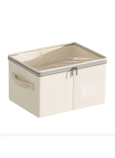 Cotton Linen Foldable Storage Box with Transparent Top for Bedroom, Clothes Organizer Container (L50 x W40 x H30)cm - XL