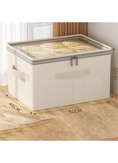 Cotton Linen Foldable Storage Box with Transparent Top for Bedroom, Clothes Organizer Container (L50 x W40 x H30)cm - XL