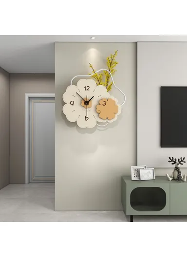  Modern Floral Wall Clock Wood Metal Silent Clock for Living Room &amp; Bedroom Decor-JT23206