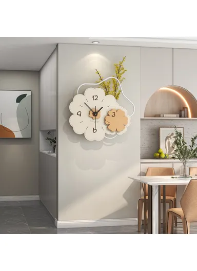  Modern Floral Wall Clock Wood Metal Silent Clock for Living Room &amp; Bedroom Decor-JT23206