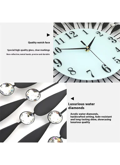 Creative Iron Glass Wall Clock Decorative Silent Quartz Clock for Living Room, (38x38)cm - Black