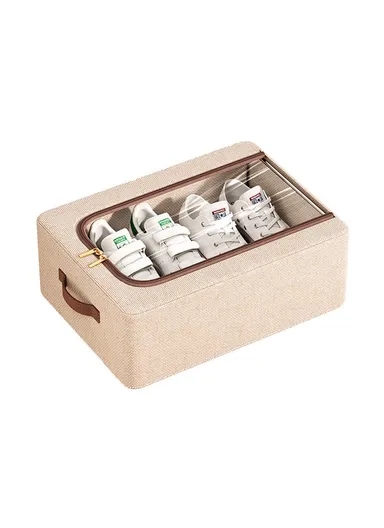  Folding Under Bed Shoes, Storage Box Cotton Linen Shoes Organizer with Clear Window (40 x 30 x 15)cm