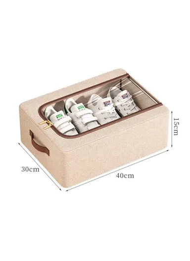  Folding Under Bed Shoes, Storage Box Cotton Linen Shoes Organizer with Clear Window (40 x 30 x 15)cm