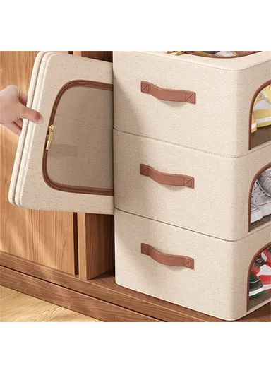  Folding Under Bed Shoes, Storage Box Cotton Linen Shoes Organizer with Clear Window (40 x 30 x 15)cm