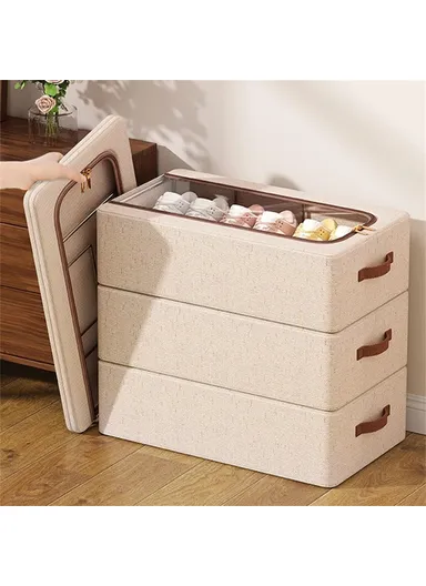  Folding Under Bed Shoes, Storage Box Cotton Linen Shoes Organizer with Clear Window (40 x 30 x 15)cm