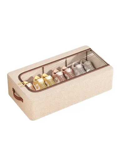 Folding Under Bed Shoe Storage Box, Cotton Linen Shoes Organizer with Clear Window