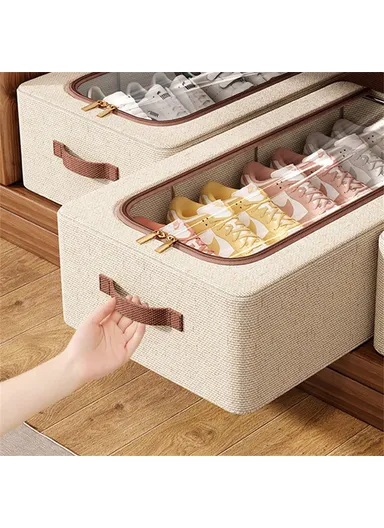 Folding Under Bed Shoe Storage Box, Cotton Linen Shoes Organizer with Clear Window