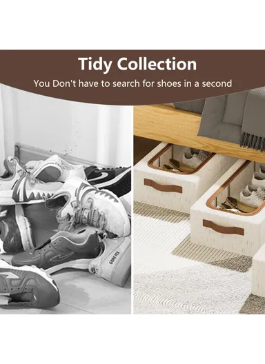 Folding Under Bed Shoe Storage Box, Cotton Linen Shoes Organizer with Clear Window