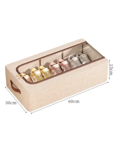 Folding Under Bed Shoe Storage Box, Cotton Linen Shoes Organizer with Clear Window