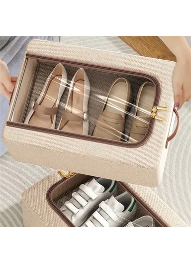 Folding Under Bed Shoe Storage Box, Cotton Linen Shoes Organizer with Clear Window