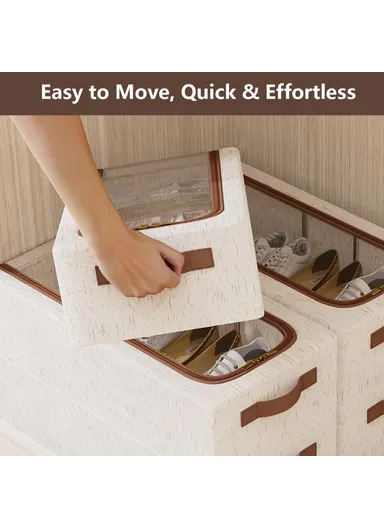 Folding Under Bed Shoe Storage Box, Cotton Linen Shoes Organizer with Clear Window