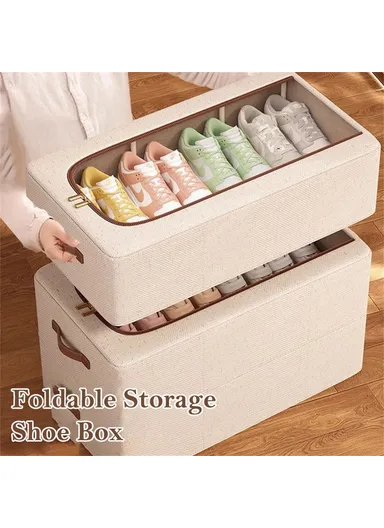 Folding Under Bed Shoe Storage Box, Cotton Linen Shoes Organizer with Clear Window