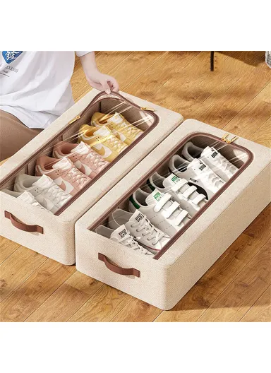 Folding Under Bed Shoe Storage Box, Cotton Linen Shoes Organizer with Clear Window