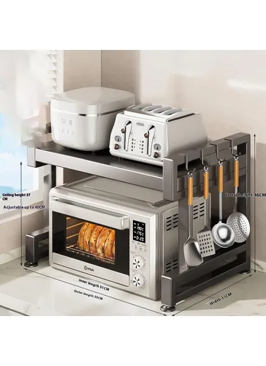 Multifunctional Microwave &amp; Oven Top Rack, Carbon Steel Countertop Storage Shelf with 6 Hooks (L55 x W35 x H46)cm