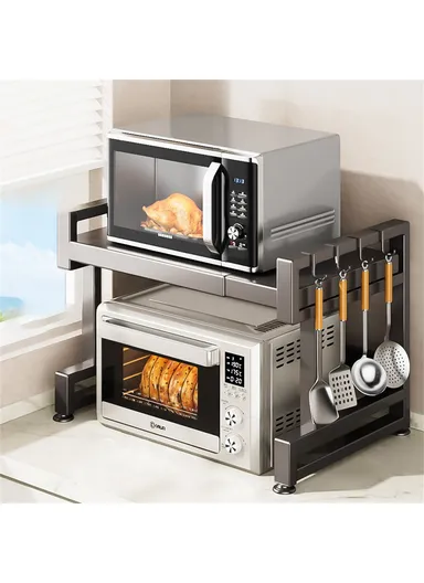 (39x63)cm Extendable Microwave Oven Rack Kitchen Carbon Steel Storage Shelf with 6 Hooks