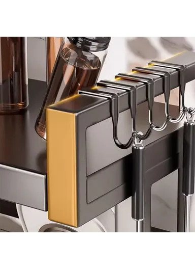 (39x63)cm Extendable Microwave Oven Rack Kitchen Carbon Steel Storage Shelf with 6 Hooks