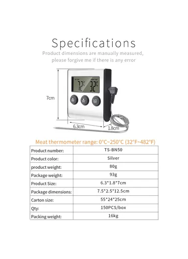 Digital Food Thermometer for BBQ Kitchen Cooking with Alarm Timer Temperature Gauge - TS-BN50