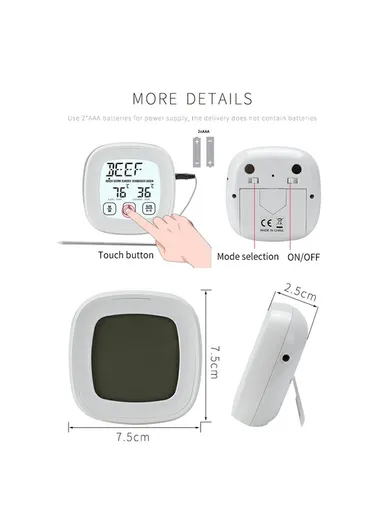  2.3 Inch Touch Screen 8 Food Types Digital Meat Thermometer for BBQ Grill Cooking with Timer - TS-802A-1