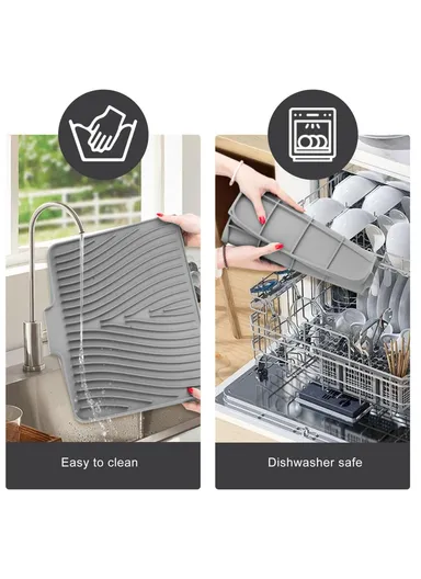 (40x30)cm Silicone Dish Drying Mat with Drain Lip, Heat-Resistant Dish Draining Mat - Grey