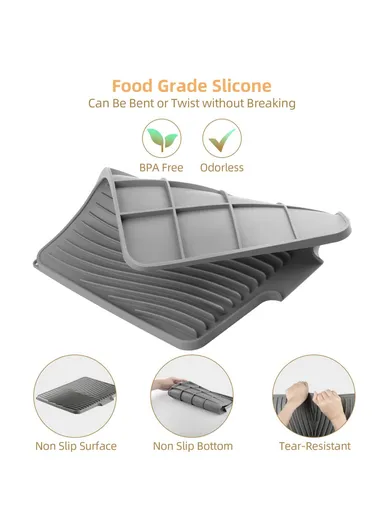 (40x30)cm Silicone Dish Drying Mat with Drain Lip, Heat-Resistant Dish Draining Mat - Grey