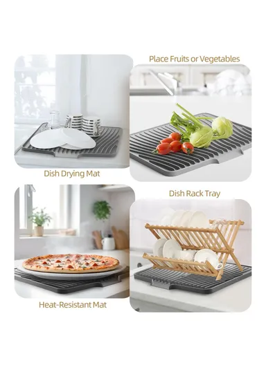 (40x30)cm Silicone Dish Drying Mat with Drain Lip, Heat-Resistant Dish Draining Mat - Grey