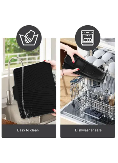 40x30cm Silicone Dish Drying Mat with Drain Lip, Heat-Resistant Dish Draining Mat - Black