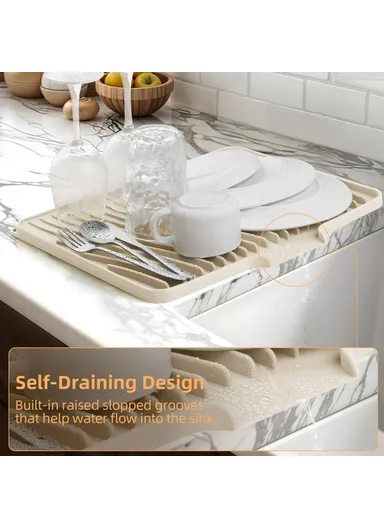 40x30cm Silicone Dish Drying Mat with Drain Lip, Heat-Resistant Dish Draining Mat - White