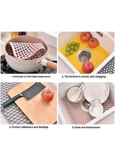 Large Size Silicone Kitchen Hollow Sink Mat, Non-Slip Heat Insulation Desk Pad Drain Mat - Dark Grey