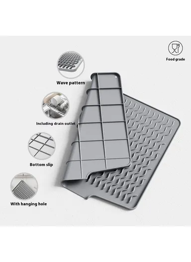 Silicone Heat Insulation Tableware Drain Pad Kitchen Sink, Non-Slip Dishes Drying Water Draining Pad - Grey