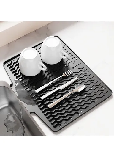 Silicone Heat Insulation Tableware Drain Pad Kitchen Sink, Non-slip Dishes Drying Water Draining Pad - Black