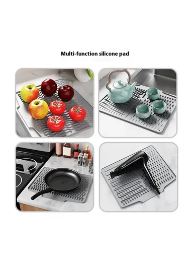 Silicone Heat Insulation Tableware Drain Pad Kitchen Sink, Non-slip Dishes Drying Water Draining Pad - Black