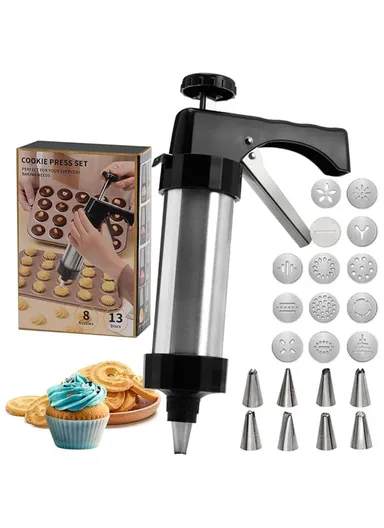Stainless Steel Cookie Press Gun with 8 Nozzles &amp; 13 Discs Kitchen Baking Tool Set (No FDA, BPA Free)