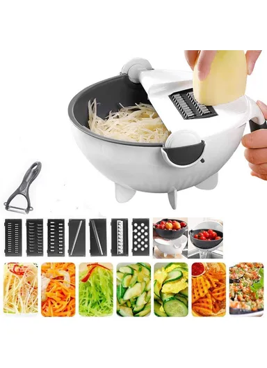 Multifunctional Double Layer Strainer Basket Potato Slicer, Vegetable Cutter Washer 9 in 1 Kitchen Tool (No FDA, BPA Free)