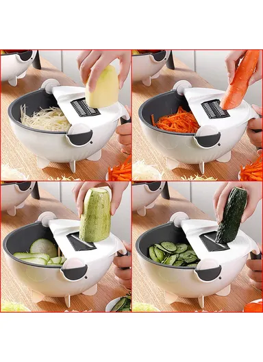 Multifunctional Double Layer Strainer Basket Potato Slicer, Vegetable Cutter Washer 9 in 1 Kitchen Tool (No FDA, BPA Free)