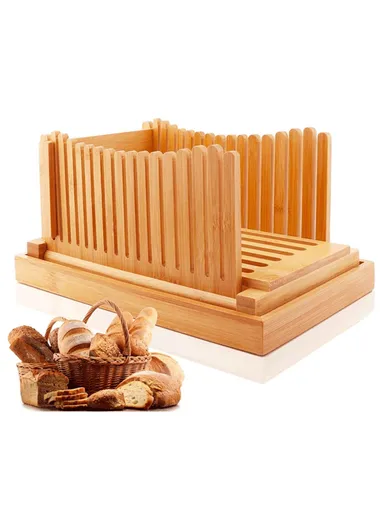 Bamboo Bread Slicer Tool Homemade Bread Foldable Loaf Cutting Holder with Crumb Catcher Tray (No FDA, BPA Free) - Wave Type