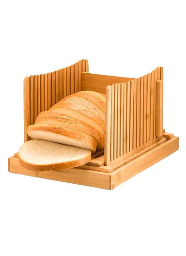 Bamboo Bread Slicer Tool Homemade Bread Foldable Loaf Cutting Holder with Crumb Catcher Tray (No FDA, BPA Free) - Wave Type