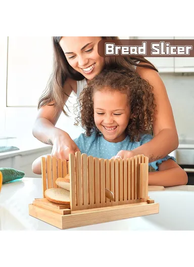 Bamboo Bread Slicer Tool Homemade Bread Foldable Loaf Cutting Holder with Crumb Catcher Tray (No FDA, BPA Free) - Flat Type