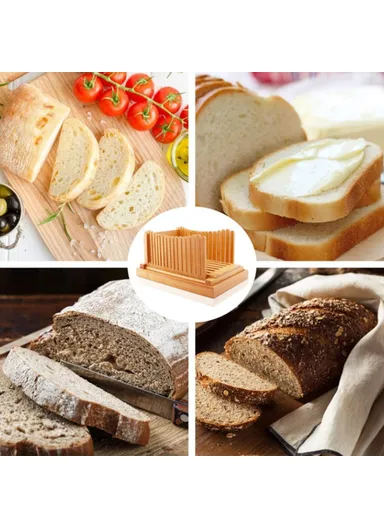 Bamboo Bread Slicer Tool Homemade Bread Foldable Loaf Cutting Holder with Crumb Catcher Tray (No FDA, BPA Free) - Flat Type
