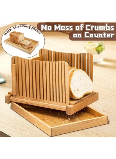 Bamboo Bread Slicer Tool Homemade Bread Foldable Loaf Cutting Holder with Crumb Catcher Tray (No FDA, BPA Free) - Flat Type
